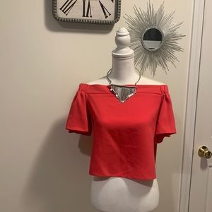 Topshop Bright Pink Off The Shoulder High/Low Flutter Sleeve Top